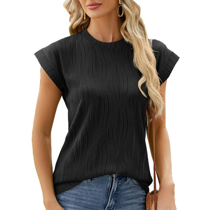 Womens Casual Cap Sleeve Tops Round Neck Summer Textured T Shirts Blouse