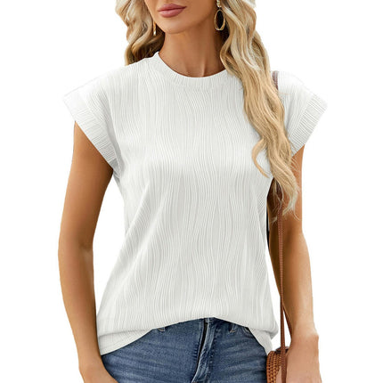 Womens Casual Cap Sleeve Tops Round Neck Summer Textured T Shirts Blouse