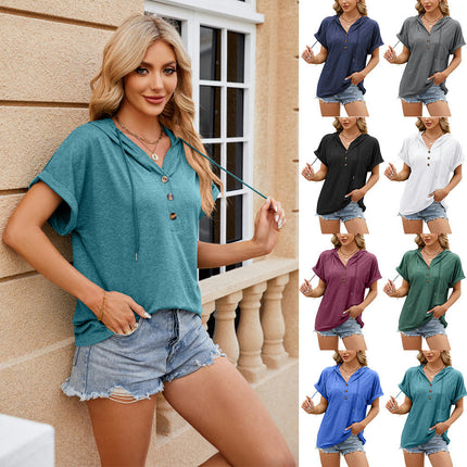 Women's Casual Loose Short Sleeve V Neck T-Shirts Solid Color Hooded Summer Tops