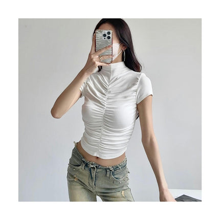 Womens T-Shirts High Neck Short Sleeve Crop Tops Ruched Summer Slim Fit Tees