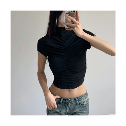 Womens T-Shirts High Neck Short Sleeve Crop Tops Ruched Summer Slim Fit Tees