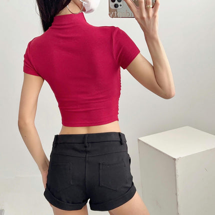 Womens T-Shirts High Neck Short Sleeve Crop Tops Ruched Summer Slim Fit Tees