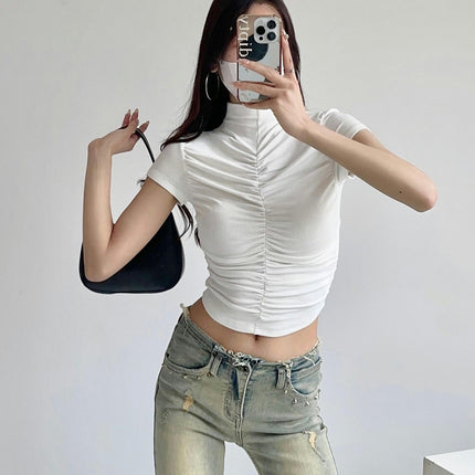 Womens T-Shirts High Neck Short Sleeve Crop Tops Ruched Summer Slim Fit Tees