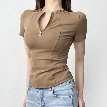 Womens Zipper Crew Neck Short Sleeve Crop Tops Summer Slim Fit T-Shirts