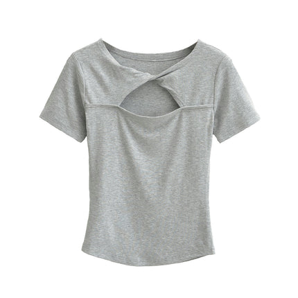 Women's Twist Front Crew Neck Cut Out Tops Short Sleeve Slim Fit T Shirts