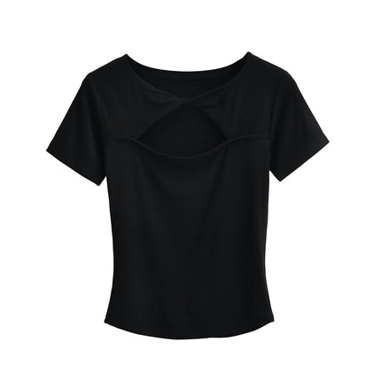 Women's Twist Front Crew Neck Cut Out Tops Short Sleeve Slim Fit T Shirts