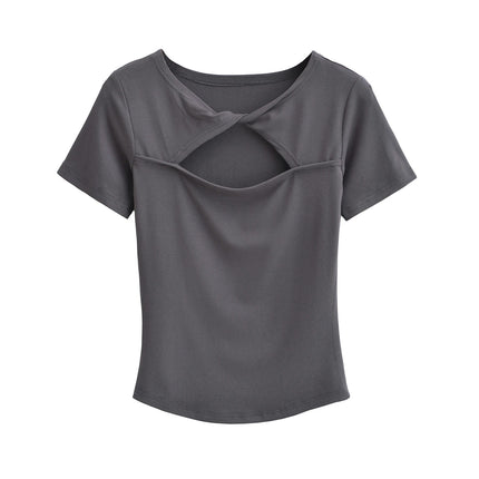 Women's Twist Front Crew Neck Cut Out Tops Short Sleeve Slim Fit T Shirts