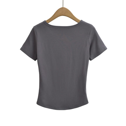 Women's Twist Front Crew Neck Cut Out Tops Short Sleeve Slim Fit T Shirts