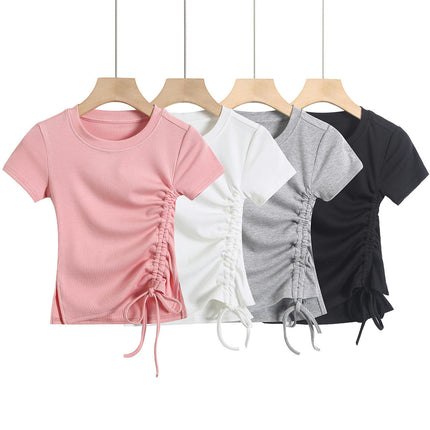 Women's Short Sleeve Crop T Shirts Crew Neck Slim Fit Drawstring Going Out Tops