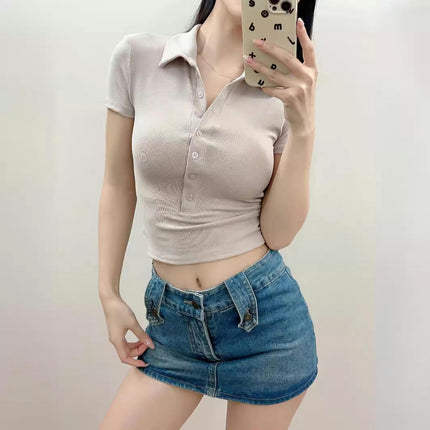 Women's Polo T-Shirts Short Sleeve Collared Button Down Shirts Slim Fit Crop Top