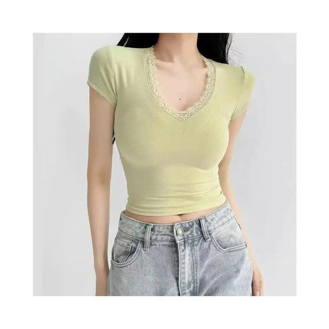 Women's Short Sleeves Fitted Shirt Lace Trim V Neck Slim T Shirt Crop Tops