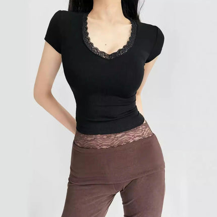 Women's Short Sleeves Fitted Shirt Lace Trim V Neck Slim T Shirt Crop Tops