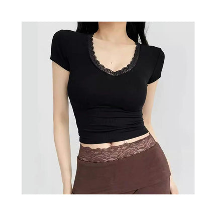 Women's Short Sleeves Fitted Shirt Lace Trim V Neck Slim T Shirt Crop Tops