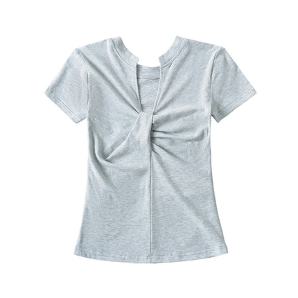 Women's Slim Fitted Tee Tops Short Sleeve Ruched V-Neck T-Shirt