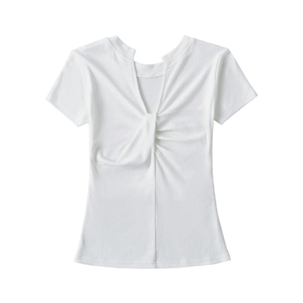 Women's Slim Fitted Tee Tops Short Sleeve Ruched V-Neck T-Shirt