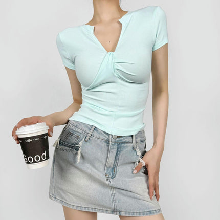 Women's Slim Fitted Tee Tops Short Sleeve Ruched V-Neck T-Shirt