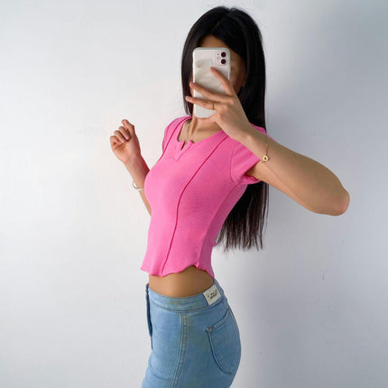 Women's V Neck Shirts Short Sleeve Tshirt Fitted Summer Casual Crop Tops