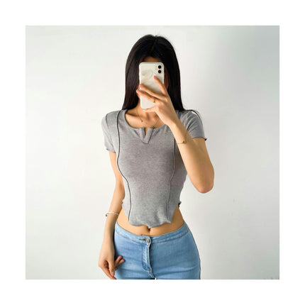 Women's V Neck Shirts Short Sleeve Tshirt Fitted Summer Casual Crop Tops