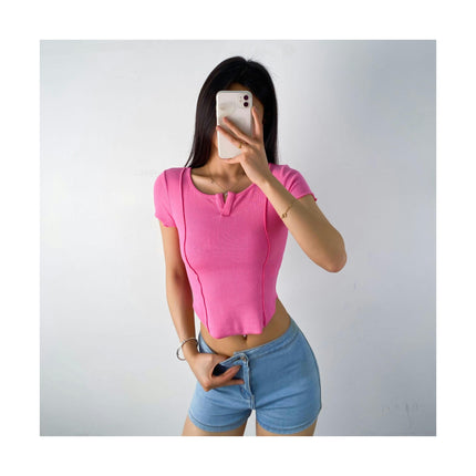 Women's V Neck Shirts Short Sleeve Tshirt Fitted Summer Casual Crop Tops