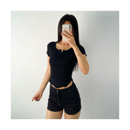 Women's V Neck Shirts Short Sleeve Tshirt Fitted Summer Casual Crop Tops