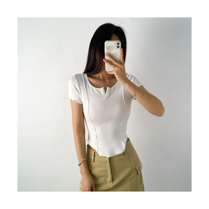 Women's V Neck Shirts Short Sleeve Tshirt Fitted Summer Casual Crop Tops