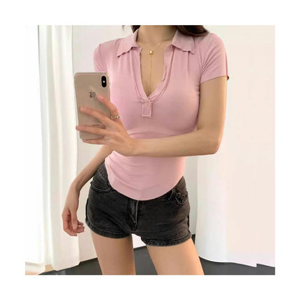 Women's V Neck Collar Short Sleeve Crop Top Summer Slim Fit T-Shirts