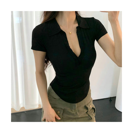 Women's V Neck Collar Short Sleeve Crop Top Summer Slim Fit T-Shirts