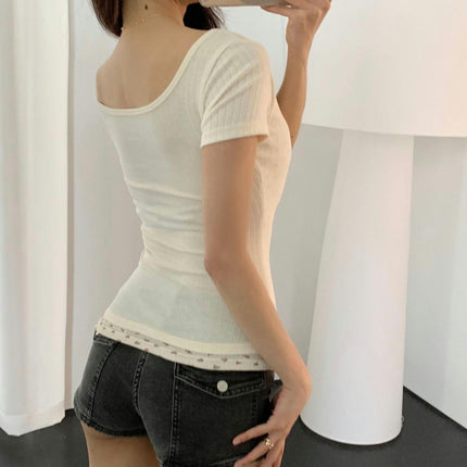 Women Square Neck T Shirt Elegant Lace Patchwork Short Sleeve Slim Crop Top