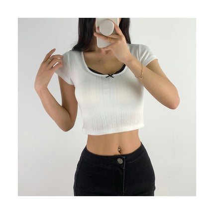 Women Scoop Neck T Shirt Elegant Lace Trim Short Sleeve Slim Crop Top