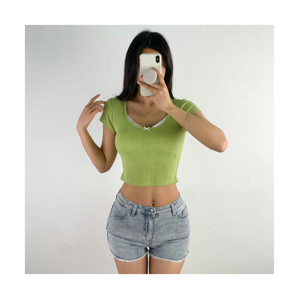 Women Scoop Neck T Shirt Elegant Lace Trim Short Sleeve Slim Crop Top