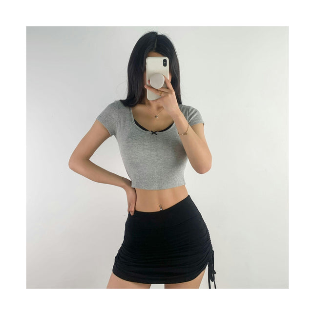 Women Scoop Neck T Shirt Elegant Lace Trim Short Sleeve Slim Crop Top