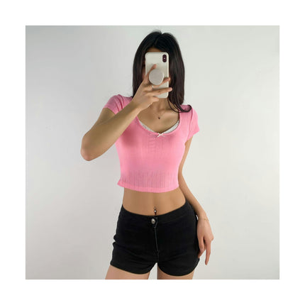 Women Scoop Neck T Shirt Elegant Lace Trim Short Sleeve Slim Crop Top