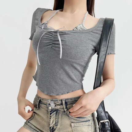 Women Scoop Neck T Shirt Lettuce Trim Short Sleeve Slim Fit Crop Top