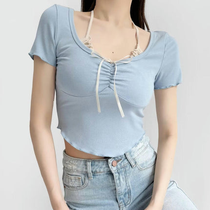 Women Scoop Neck T Shirt Lettuce Trim Short Sleeve Slim Fit Crop Top