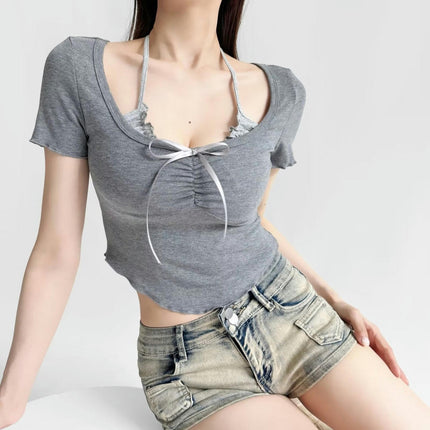 Women Scoop Neck T Shirt Lettuce Trim Short Sleeve Slim Fit Crop Top