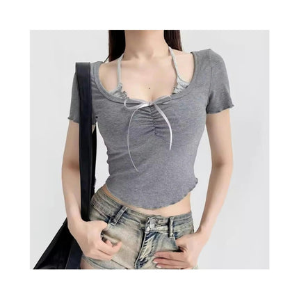 Women Scoop Neck T Shirt Lettuce Trim Short Sleeve Slim Fit Crop Top