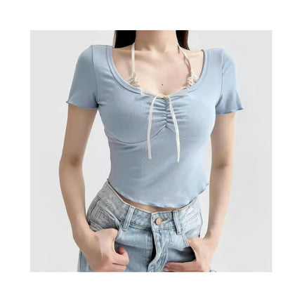 Women Scoop Neck T Shirt Lettuce Trim Short Sleeve Slim Fit Crop Top