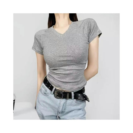 Women's Fitted Basic Short Sleeve Shirt Casual Ruched Crop Tops V Neck Tshirts