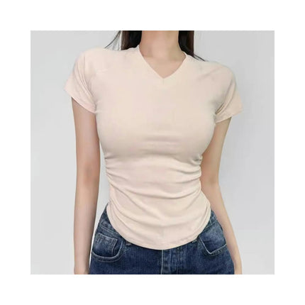 Women's Fitted Basic Short Sleeve Shirt Casual Ruched Crop Tops V Neck Tshirts