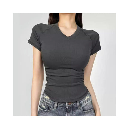 Women's Fitted Basic Short Sleeve Shirt Casual Ruched Crop Tops V Neck Tshirts