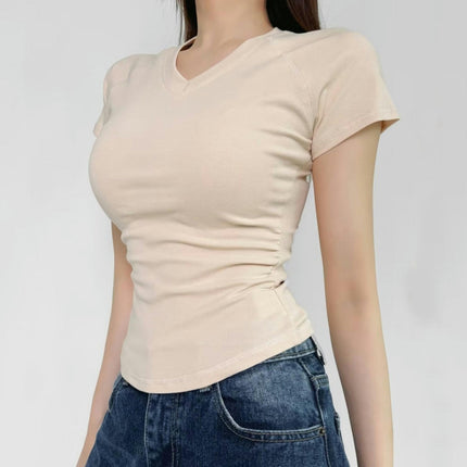 Women's Fitted Basic Short Sleeve Shirt Casual Ruched Crop Tops V Neck Tshirts