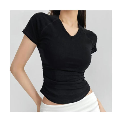 Women's Fitted Basic Short Sleeve Shirt Casual Ruched Crop Tops V Neck Tshirts