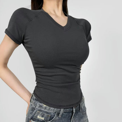 Women's Fitted Basic Short Sleeve Shirt Casual Ruched Crop Tops V Neck Tshirts