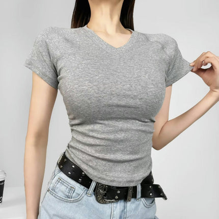 Women's Fitted Basic Short Sleeve Shirt Casual Ruched Crop Tops V Neck Tshirts