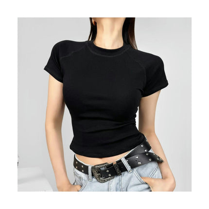 Women's Casual Basic Raglan Short Sleeve T Shirt Slim Fitted Round Neck Crop Top