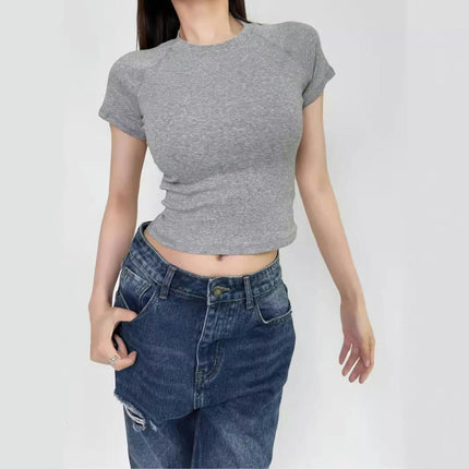 Women's Casual Basic Raglan Short Sleeve T Shirt Slim Fitted Round Neck Crop Top