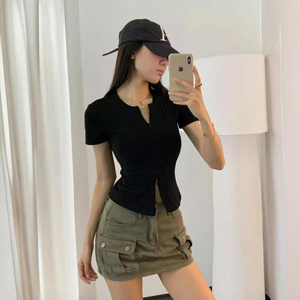 Women's Short Sleeve Crew Neck Zipper T Shirt Summer Casual Slim Fit Crop Tops