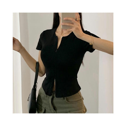 Women's Short Sleeve Crew Neck Zipper T Shirt Summer Casual Slim Fit Crop Tops