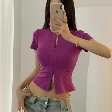 Women's Short Sleeve Crew Neck Zipper T Shirt Summer Casual Slim Fit Crop Tops