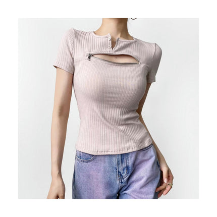 Women's Zip Short Sleeve Crop Tops Casual Round Neck Fitted T Shirt